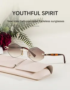 Detail of rimless cat-eye sunglasses with gradient lenses and a pink leather pouch