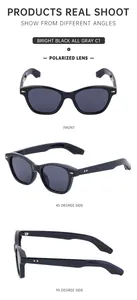Multiple views of polarized black cat-eye sunglasses with gray lenses from various angles