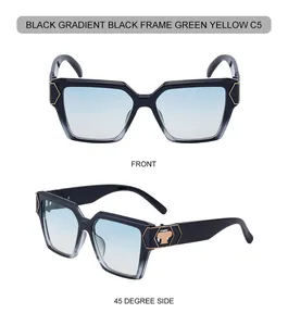 Detailansicht der quadratischen schwarzen Sonnenbrille mit Verlaufsgläsern und Golddekor