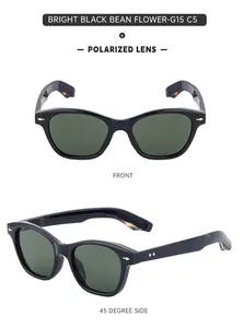 Detail view of polarized G15 lenses and vintage diamond studs on glossy black frames