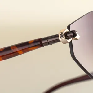 Detail of tortoise shell temples and gold hexagonal hinges on rimless sunglasses