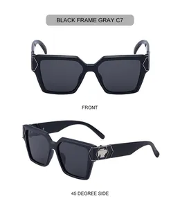 Detailansicht der schwarzen quadratischen Sonnenbrille mit silbernem Metallscharnier