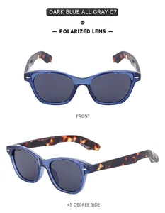 Close-up of polarized sunglasses with blue frames and tortoiseshell temples from two angles