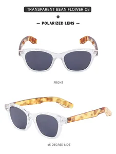 Polarized sunglasses with transparent frame and stylish leopard pattern temples in dual views
