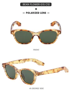 Detail showing tortoise frame sunglasses with polarized green lenses and metal hinges