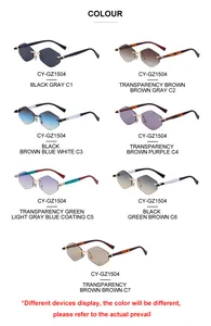 Detailed grid showing seven color variations of rimless hexagonal sunglasses for women