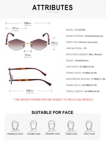 Detailed size specifications of rimless sunglasses with geometric brown gradient lenses