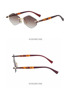 Detailed side views of rimless geometric sunglasses with brown gradient lenses and gold trim