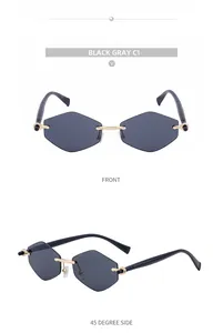 Front and 45-degree side views of black gray rimless geometric sunglasses with gold metal frame
