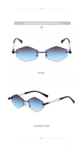 Detail of rimless diamond cut sunglasses with blue gradient lenses and two display angles