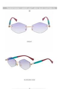 Detail view of purple gradient rimless sunglasses with hexagonal geometric cut lenses
