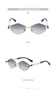 Detailed front and side views of rimless geometric sunglasses with gradient lenses