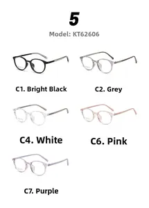 Close-up of oval full-rim optical frames in five colors with metal temple accents