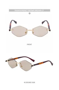 Close-up of rimless hexagonal sunglasses in transparency brown with metal temple details