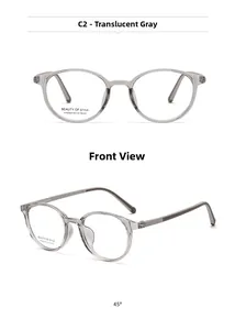 Front and 45-degree angle view of transparent grey oval full-rim optical glasses frames