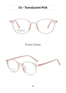 Detail view of transparent pink oval optical frame glasses with Beauty of Style lettering