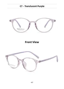 Front and 45-degree views of transparent purple oval glasses frame with metal accents