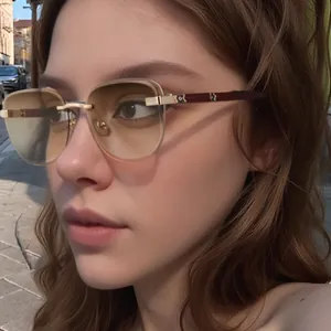 Herren Retro Randlose Phototrope Eckige Sonnenbrille Luxus Holzmaserung Bügel Diamantschliff Brille Zum Fahren Reisen Party UV400
