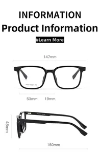 Detailed sizing chart for men's retro square frame glasses with dimensions in millimeters