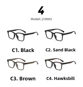 Close-up of four classic eyewear frames in black, sand black, brown, and hawksbill colors