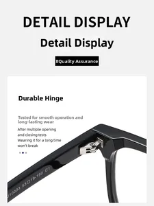 Detailed macro view of the metal hinge and screws on black square glasses frames