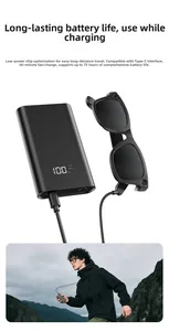 Detalle de gafas inteligentes con batería externa, pantalla LED y carga rápida
