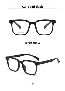 Detail view of square sand black eyeglass frames showing model J10003 and text engraving