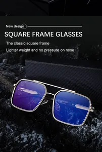Detail of square frame glasses with double bridge and blue reflective lenses on rock
