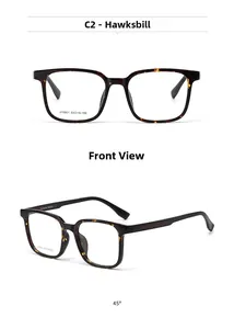 Front and 45-degree views of tortoiseshell square eyeglass frames with model J10001