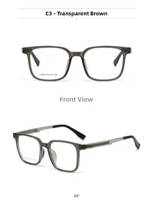 Detailed views of translucent brown full-rim optical frames with model J10001 specs
