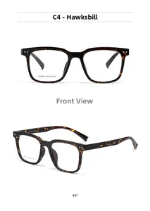 Detailed front and angle views of hawksbill square frame glasses with tortoise texture