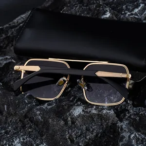 Square double bridge sunglasses for men with gold metal frame and black leather case