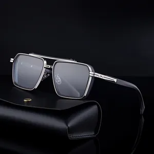 Mens square silver metal frame sunglasses with grey lenses and black leather case