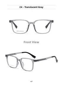 Front and side view of transparent grey rectangular glasses frames with black temples