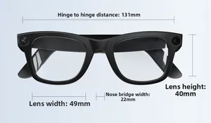 Vista frontal de gafas inteligentes con dimensiones detalladas de montura y cristales