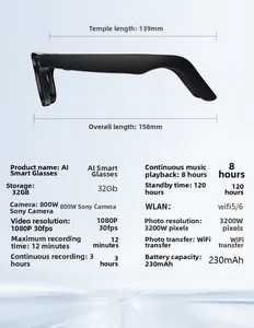 Especificaciones técnicas de gafas AI con cámara Sony de 8MP y memoria de 32 GB