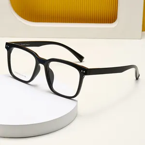 Classic black square frame glasses for men, minimalist optical eyewear on white stand