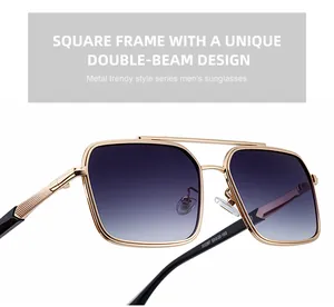 Detailed close-up of a double-beam golden square frame with purple gradient lenses