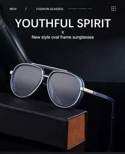 Dunkelblaue Oval-Aviator-Sonnenbrille mit silbernem Doppelsteg und Leder-Etui