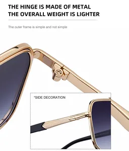 Detail of high-quality metal hinges and striped temple accents on gold square sunglasses