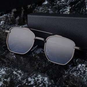 Men's square gunmetal sunglasses with double bridge frames and dark grey lenses