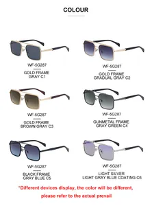Collection of square frame sunglasses in six metallic colors with gradient lenses
