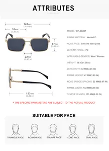Detailed size chart for retro square sunglasses with metal frame and gold accents