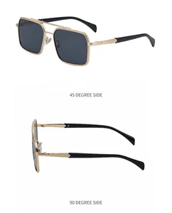 Dual view of square metal sunglasses showing the double bridge and golden frame structure