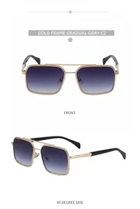 Front and 45-degree side view of gold double bridge square sunglasses with gradient gray lenses