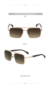 Front and side view of gold square sunglasses with brown gray gradient lenses