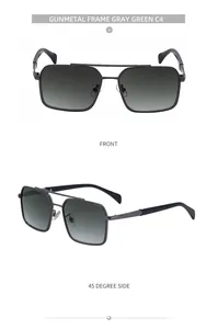 Detail view of gunmetal square sunglasses with double bridge and gray green lenses