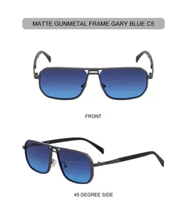 Vistas frontal y lateral de 45 grados de gafas de sol de metal gris mate con lentes azules