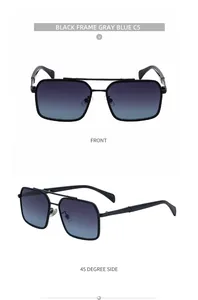 Close-up of square black metal sunglasses with double bridge and gradient lenses