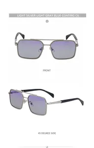 Detailed view of silver pilot square sunglasses with purple-grey gradient lenses